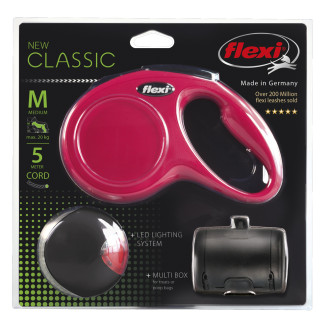 Flexi New Classic M Cord трос 5 m Рулетка для собак средних пород весом до 20 кг, фонарик и бокс для пакетов в наборе (Red)