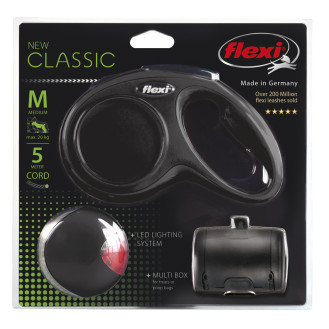 Flexi New Classic M Cord трос 5 m Рулетка для собак средних пород весом до 20 кг, фонарик и бокс для пакетов в наборе (Black)
