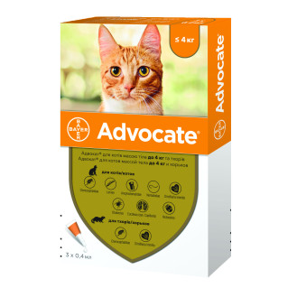 Bayer Advocate Cats & Ferrets Капли для котов и хорьков от блох, гельминтов, кожных и ушных клещей Адвокат (до 4 кг)