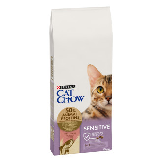 Purina Cat Chow Sensitive With Salmon Сухой корм с лососем для взрослых котов с чувствительной кожей и пищеварением (15 кг)