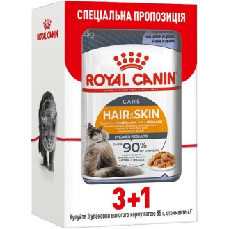 Royal Canin Hair & Skin Jelly Влажный корм в желе для поддержания здоровья кожи и бестящей шерсти взрослых кошек (3+1)