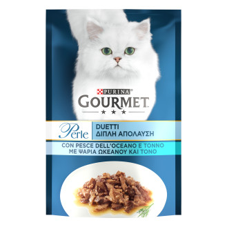 Gourmet Perle Duet Ocean Fish & Tuna in Sauce Вологий корм для кішок Міні-філе з океанічною рибою та тунцем в соусі