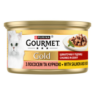 Purina Gourmet Gold Pieces in Gravy Salmon & Chicken Консерва для котов Кусочки в Подливке с Лососем и Курицей